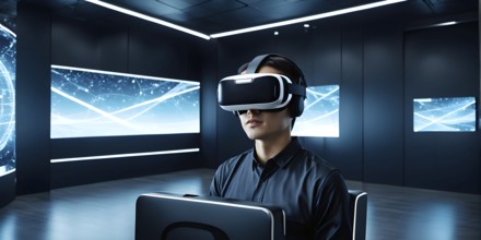 Three dimensional render of a man wearing virtual reality glasses, AI generated