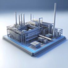Three dimensional rendering of a model of a modern factory, AI generated