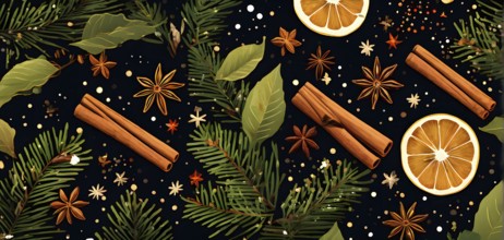 Abstract wallpaper illustration of Christmas spices like cinnamon sticks, star anise, and cloves,