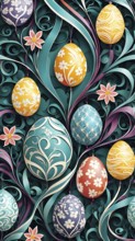 A whimsical abstract pattern with intertwined ribbons, eggs, and floral motifs, with a mix of sharp