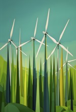 Abstract illustration of a forest with tall, geometric trees made of wind turbine blades, merging