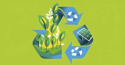 Recycling symbol morphing into growing plants and solar cells to symbolize the transformation of