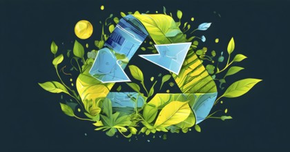 Recycling symbol morphing into growing plants and solar cells to symbolize the transformation of