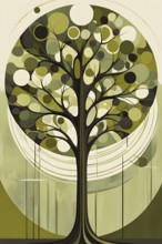 Abstract geometric tree with a circular canopy and a rectangular trunk, arranged in a clean,