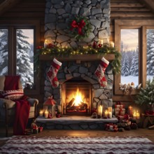 Traditional stone fireplace decorated for Christmas, with garlands, stockings, and candles, set in