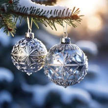 Set of Christmas ornaments hanging on a snow-covered pine tree branch, with frost clinging to the