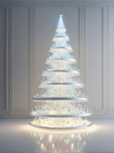 A three dimensional rendering of a futuristic Christmas tree made of glowing, semi-transparent