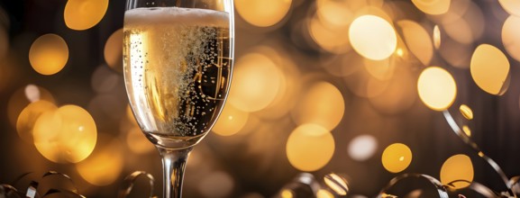 A close-up of a champagne glass with golden bubbles rising, AI generated