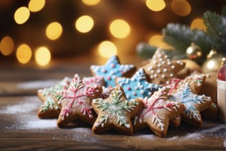 A detailed shot of Christmas cookies on a wooden table, featuring star-shaped cookies with colorful