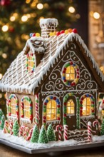 Gingerbread house decorations, focusing on the intricate icing details, colorful candy, and soft,