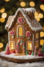 Gingerbread house decorations, focusing on the intricate icing details, colorful candy, and soft,