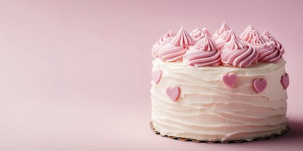 Cream cake with hearts on pastel pink background with copy spacee. Generative Ai, AI generated