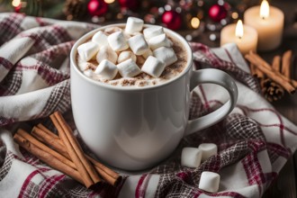 A close-up of a steaming cup of hot cocoa topped with marshmallows, surrounded by cinnamon sticks,