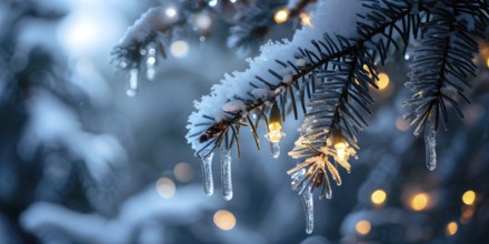 Detailed shot of frosted pine branches with twinkling fairy lights and icicles hanging, creating a