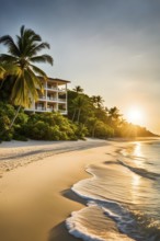 Sunrise at a caribbean coast real estate beach resort with tropical palms, AI generated