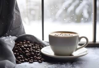 Coffee cup on a plate by a snow covered window creating a cozy winter feeling, AI generated