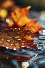 Autumn leaves in hues of orange and red floating on water, AI generated