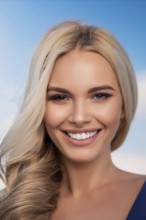 An attractive blonde woman with beautiful teeth, make up, studio, AI generated