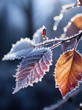 Detailed close-up of frost patterns on colored autumn leaves, AI generated