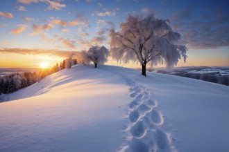 Footprints in fresh snow on a hill with a row of trees in winter in golden sunrise light, AI