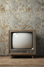 Old television in front of old rustic patterned wallpaper, AI generated