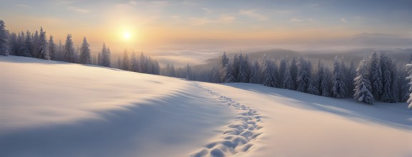 Footprints in fresh snow on a hill with a row of trees in winter in golden sunrise light, AI