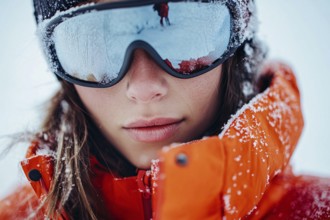 Woman's face with ski sunglasses and hat in winter. Generative Ai, AI generated