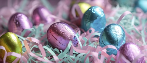 Small chocolate Easter eggs wrapped in shiny foil, placed on a bed of shredded pastel-colored