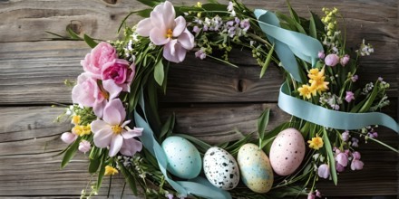 Spring wreath with pastel ribbons, speckled eggs, and blooming flowers, hanging on a wooden