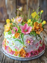 Decorated Easter cake with intricate icing flowers and colorful sprinkles, placed on a rustic