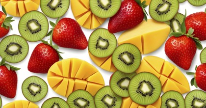 Colorful and artfully arranged slices of fruits like mangoes, strawberries, and kiwi, AI generated