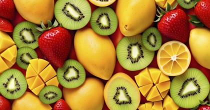 Colorful and artfully arranged slices of fruits like mangoes, strawberries, and kiwi, AI generated