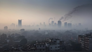 Aerial view of a mega city with smog and pollution, AI generated