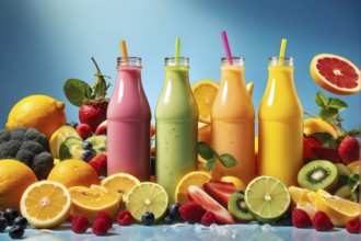 Smoothie surrounded by an assortment of fruits and vegetables, AI generated