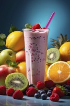 Smoothie surrounded by an assortment of fruits and vegetables, AI generated