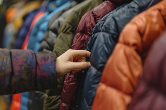 Woman's hand browsing through rack of winter coats in shop. Generative Ai, AI generated