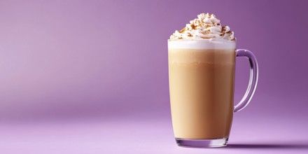 Glass with seasonal pumpkin spice latte on violet background with copy space. Generative Ai, AI