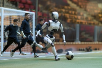 Humanoid robot playing football in a stadium, AI generated