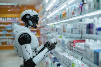 Futuristic humanoid robot shopping in a pharmacy, AI generated