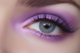 Close up of woman's eye with beautiful purple eyeshadow makeup and long black lashes. KI generiert,