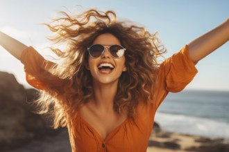 Happy cheering woman with sunglasses with blurry beach in background. KI generiert, generiert AI