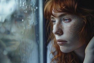 Portrait of sad woman in thoughts looking out of window. KI generiert, generiert, AI generated