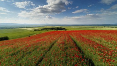 Agriculture, red flowering poppy field, in full bloom, aerial view, from above, AI generated, AI