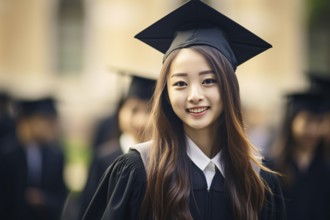 Young Asian woman with graduation hat and cape on school graduation day. KI generiert, generiert,