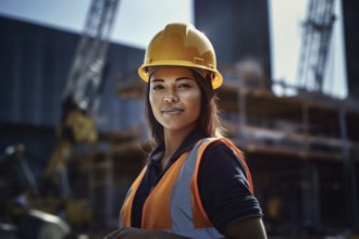 Wemale construction worker with safety helmet and vest at construction site. KI generiert,