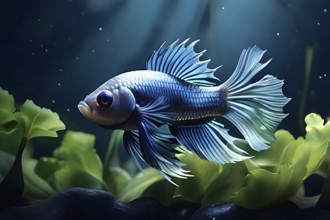 Solitary betta fish fins resemble flowing silk hiding in shadowy nooks, AI generated