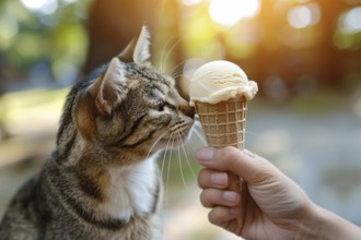 Cute cat sniffing ice cream in cone held by human hand. KI generiert, generiert, AI generated