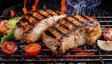 Food, dishes, two turkey steaks on a charcoal grill with glowing charcoal, AI generated, AI