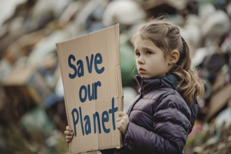 Activist with cardboard sign with text 'Save our planet' in front of blurry mountain of garbage. KI