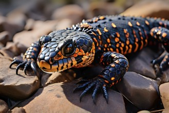 Gila monster with characteristic black and orange patterns camouflaged amongst sonoran desert